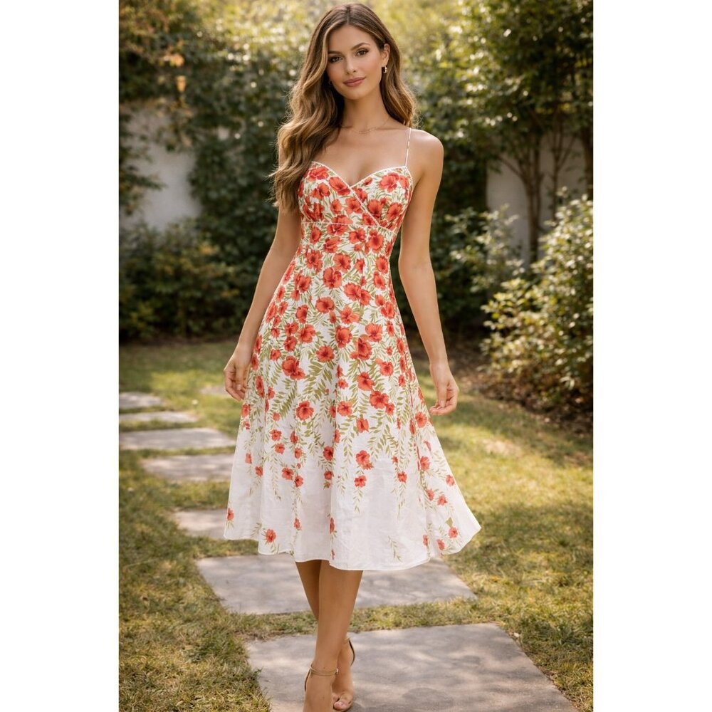 NWT Ann Taylor Coral-Red Poppy Floral Cotton  Summer Midi Dress  Size 10